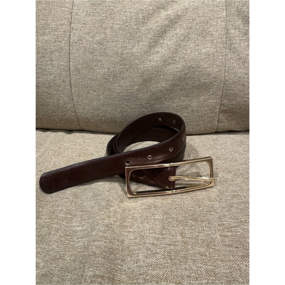 Zara Dark Brown Leather Belt with Gold Rectangular Buckle